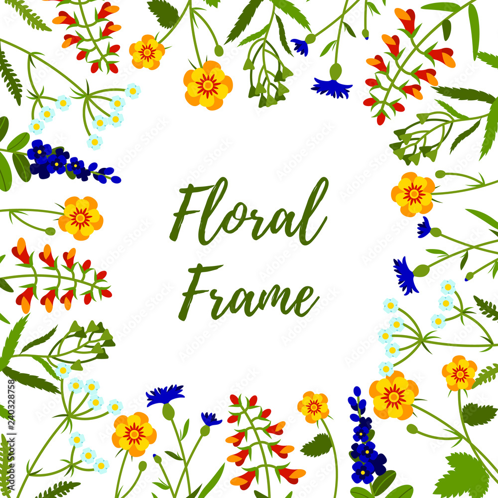 Floral frame of wild flowers. Field flowers background. Vector illustration. Space for text