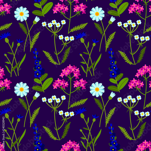 Vector seamless pattern with meadow flowers on violet background. Summer design. Wild field flowers pattern.