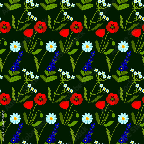 Vector seamless pattern with meadow flowers on dark green background. Summer design. Wild field flowers pattern.