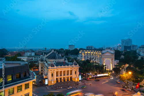 Aerial skyline view of Hanoi city  Vietnam. Hanoi cityscape by sunset period at August Revolution Square  with Hanoi Opera House
