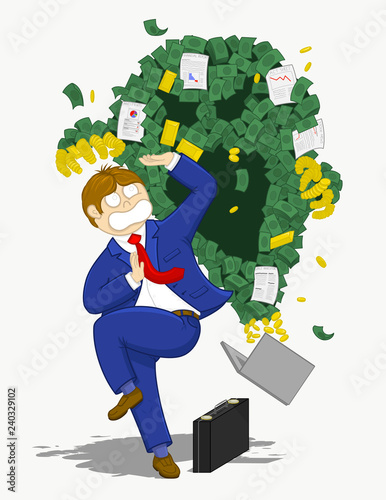 Businessman overwhelmed by the monster of greed and speculation