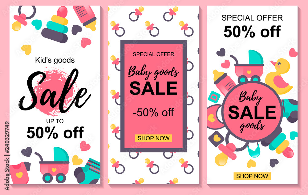 Set of baby goods sale designs. Special offer. Sale -50%. Could be used for  store, shop, internet, newsletter, advertisement design. Stock Vector |  Adobe Stock