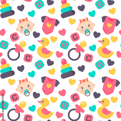 Wallpaper Mural Baby shower seamless pattern. Vector illustration. Cute color design for gift wrapping paper, greeting cards, posters, banners, fabrics, textile, web, prints. It’s a girl Torontodigital.ca