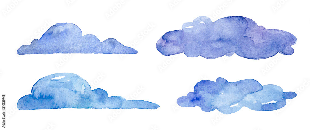 Watercolor blue clouds on white background - obrazy, fototapety, plakaty 