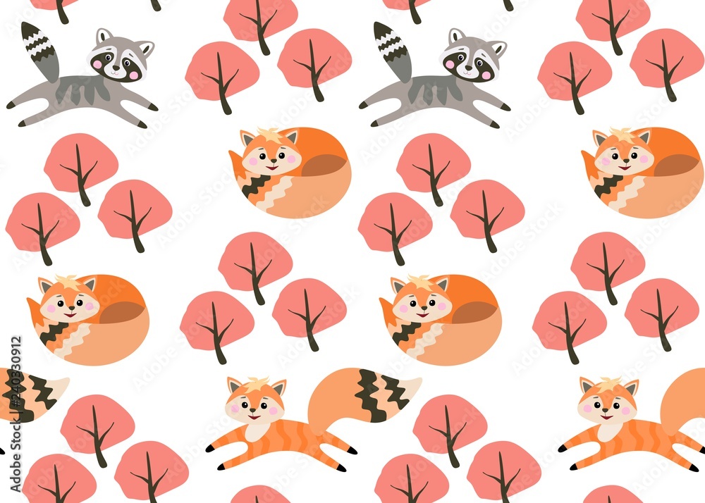 Seamless pattern. Foxes and raccoons play in the autumn forest. Seamless pattern. Foxes and raccoons play in the autumn forest.