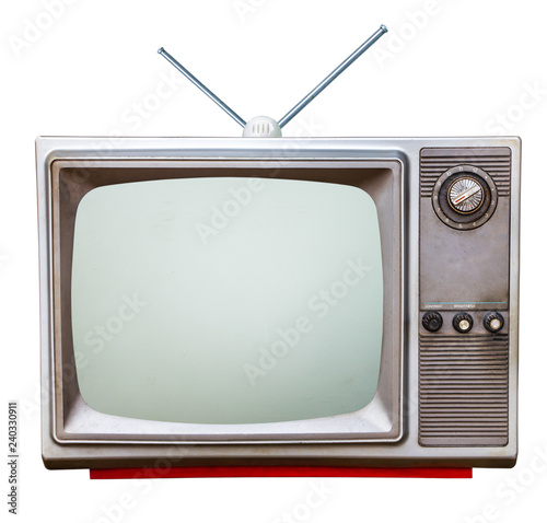 classic vintage retro Style old  television with cut out screen,old  television with old tv antennaon isolated background.