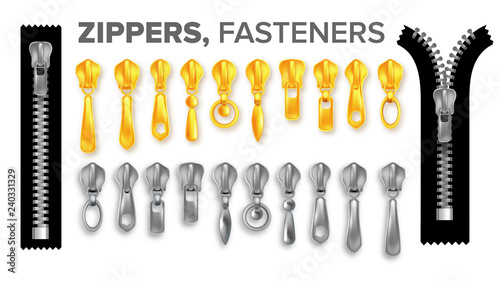 Zipper Set Vctor. Gold And Silver Zippers Pullers Connection. Metal, Plastic Garment Components. Closed And Opened. Clothes, Bags, Bungee Cord Accessory. Isolated Realistic Illustration