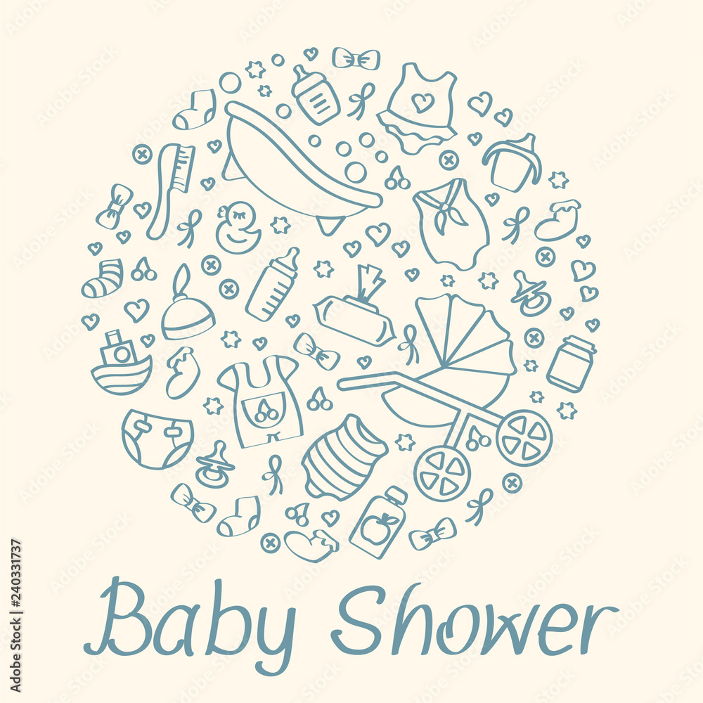 Baby shower card with accessories and inscription. Linear style vector illustration