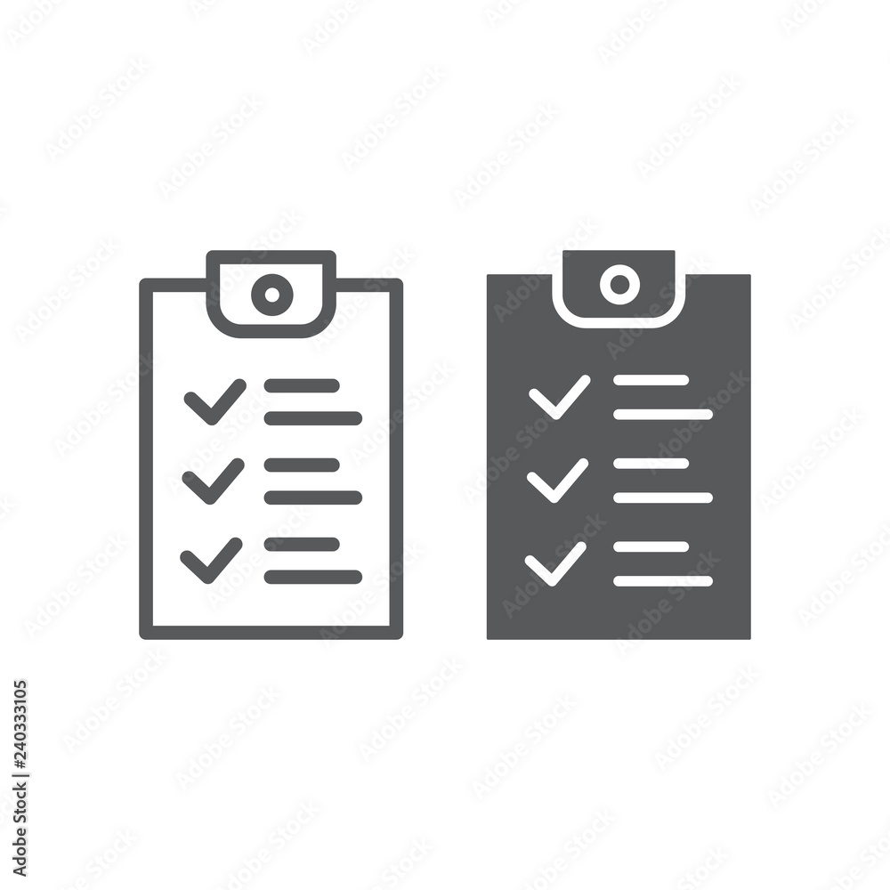 Checklist line and glyph icon, document and form, report sign, vector graphics, a linear pattern on a white background. Checklist line and glyph icon, document and form, report sign, vector graphics, a linear pattern on a white background.