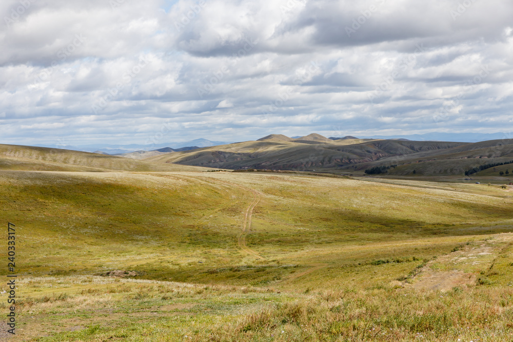 beautiful Mongolian landscape, field road goes to the mountains