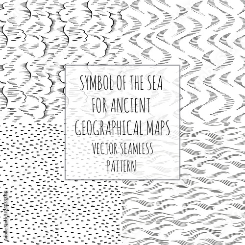Symbol of the seas and oceans for ancient geographical maps. Vector seamless pattern