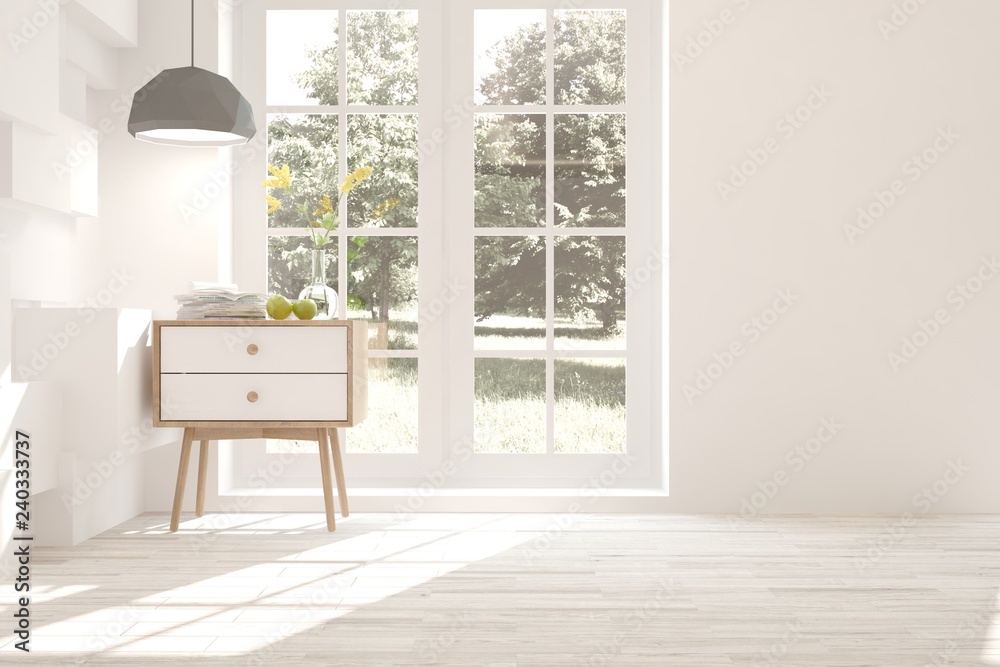 Fototapeta premium White empty room with summer landscape in window. Scandinavian interior design. 3D illustration