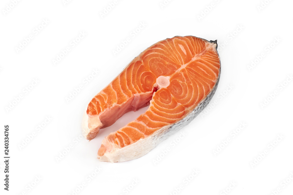 Slice of red fish salmon isolated on white background. Slice of red fish salmon isolated on white background.