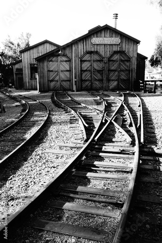 Railroad tracks in Poway Midland Railroad Park in California photographed in Black and White photo