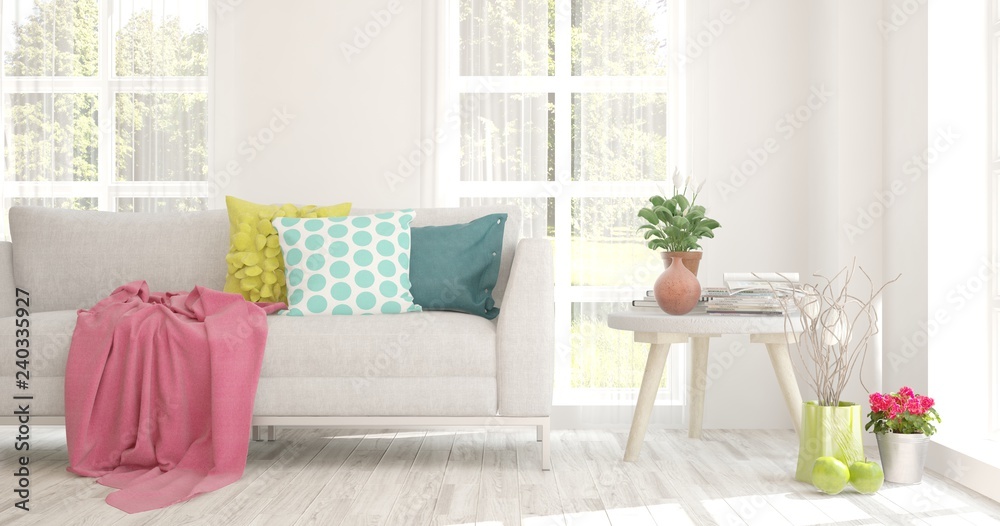 White room with sofa and green landscape in window. Scandinavian interior design. 3D illustration White room with sofa and green landscape in window. Scandinavian interior design. 3D illustration