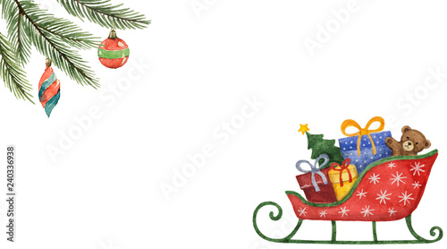 Watercolor vector greeting card with Christmas green fir trees, sleigh, toys and gifts.