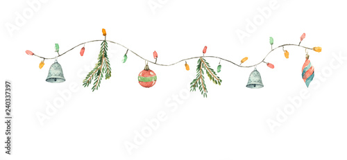 Watercolor vector Christmas garland with lights, balls, fir branches and bells.