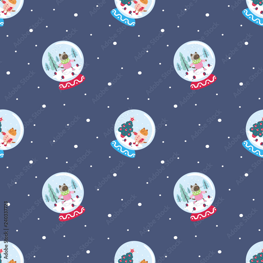 Funny seamless pattern with snow globes and cheerful cats. Vector background.