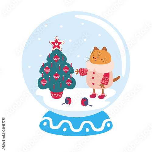 Snow globe with funny cat and winter landscape. Vector illustration isolated on a white background. © olga_a_belova