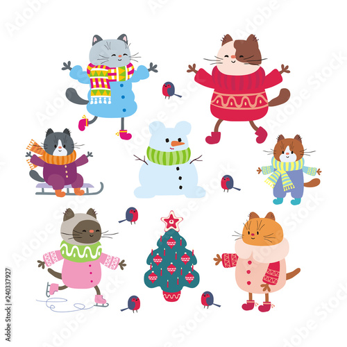 Christmas set with funny cats in doodle style. Vector illustrations isolated on a white background.