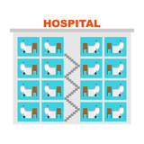 Hospital building Doctors in offices. Clinic infographic. Medical building. Doctor and Patient