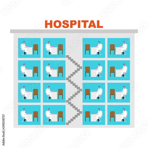 Hospital building Doctors in offices. Clinic infographic. Medical building. Doctor and Patient