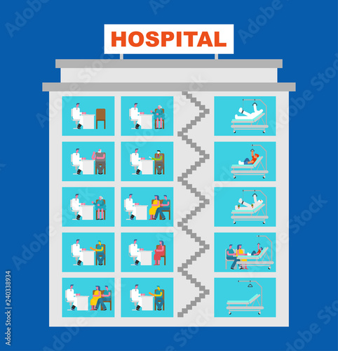 Clinic infographic. Hospital building Doctors in offices. Medical building. Doctor and Patient