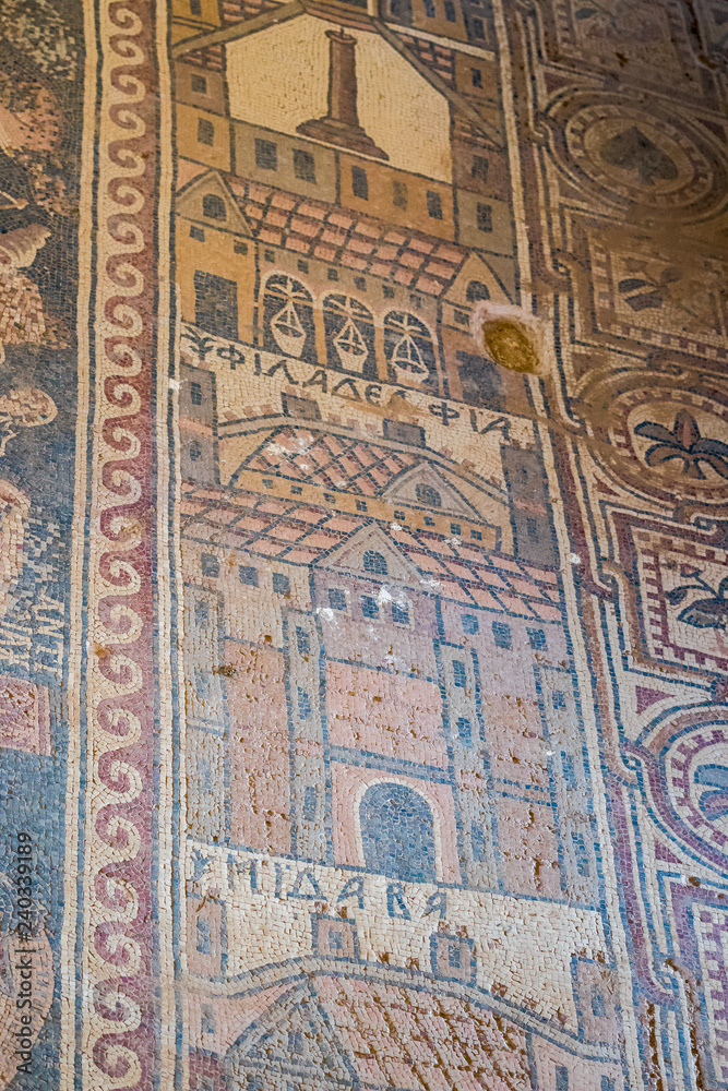 The fragment of mosaic in the covered pavilion on the historical archaeological site Umm ar-Rasas near Madaba city in Jordan