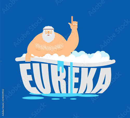 Archimedes in bath. Thumbs up eureka. ancient greek mathematician, physicist. Great discovery
