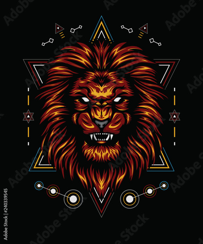 Fototapeta Naklejka Na Ścianę i Meble -  vector lion with angry face. Flame of the lion with sacred symbol.  the lion king illustration