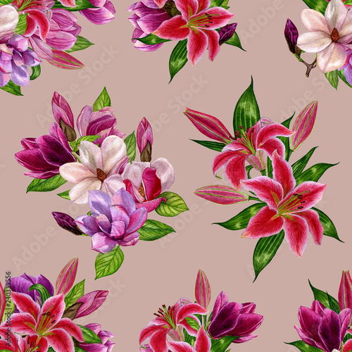 Pattern with flowers of magnolia and lilies on a coloured background. Watercolour illustrations hand painted. For your design of the fabric, wrapping paper, etc.