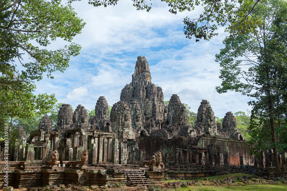 Faces of Bayon temple in Angkor Thom, Siemreap, Cambodia. The Bayon Temple (Prasat Bayon ) is a richly decorated Khmer temple at Angkor , ancient architecture in Cambodia Faces of Bayon temple in Angkor Thom, Siemreap, Cambodia. The Bayon Temple (Prasat Bayon ) is a richly decorated Khmer temple at Angkor , ancient architecture in Cambodia