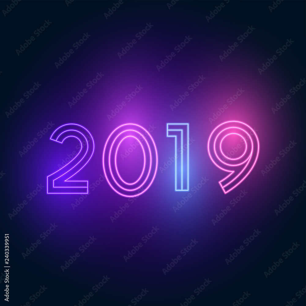 Fototapeta premium 2019 Happy New Year Celebration. Neon Style.