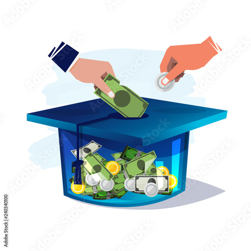 Graduation hat with money. human hand inserting money to graduation hat. Cost of Education - vector