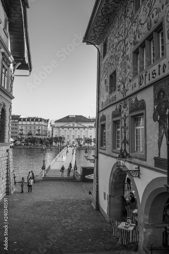 Old vintage buildings and Rathaussteg bridge in old town Lucerne, Swizerland