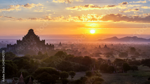 Grand Pagoda with Morning Mist at Sunset, Bagan, Myanmar
