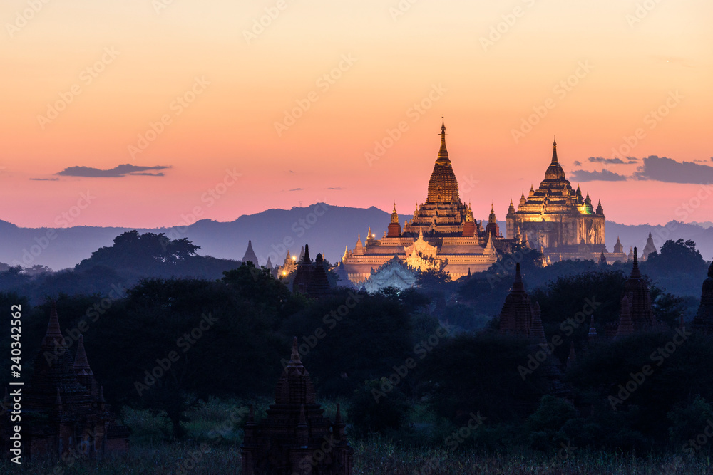 Illumination of Giant Pagoda at Sunset, Bagan, Myanmar