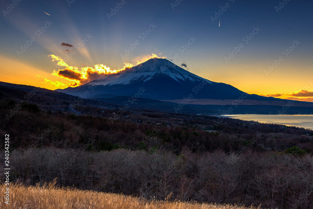 Fuji mountain at sunset from Panoramadai Viewpoint at Lake Yamanaka , Japan