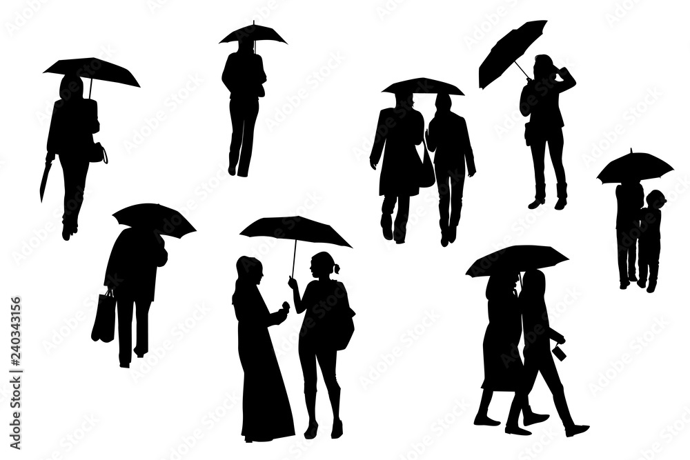 Silhouettes of walking people under the umbrellas, vector, set. Stock