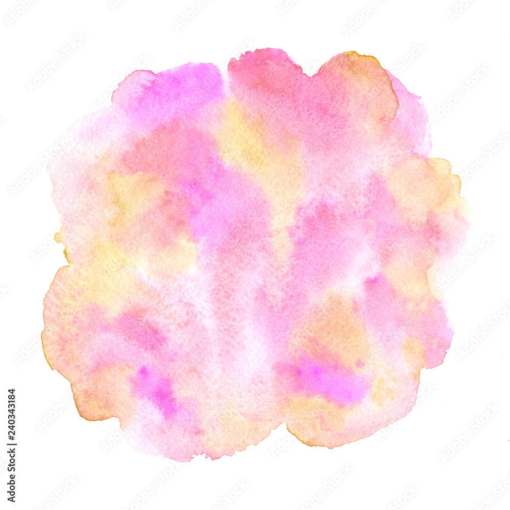 Colorful watercolor round shape with pink, orange, yellow stains. 8 March, Valentine, Women Day circle background, aquarelle texture. Watercolour hand drawn painted template for greetings, frames,