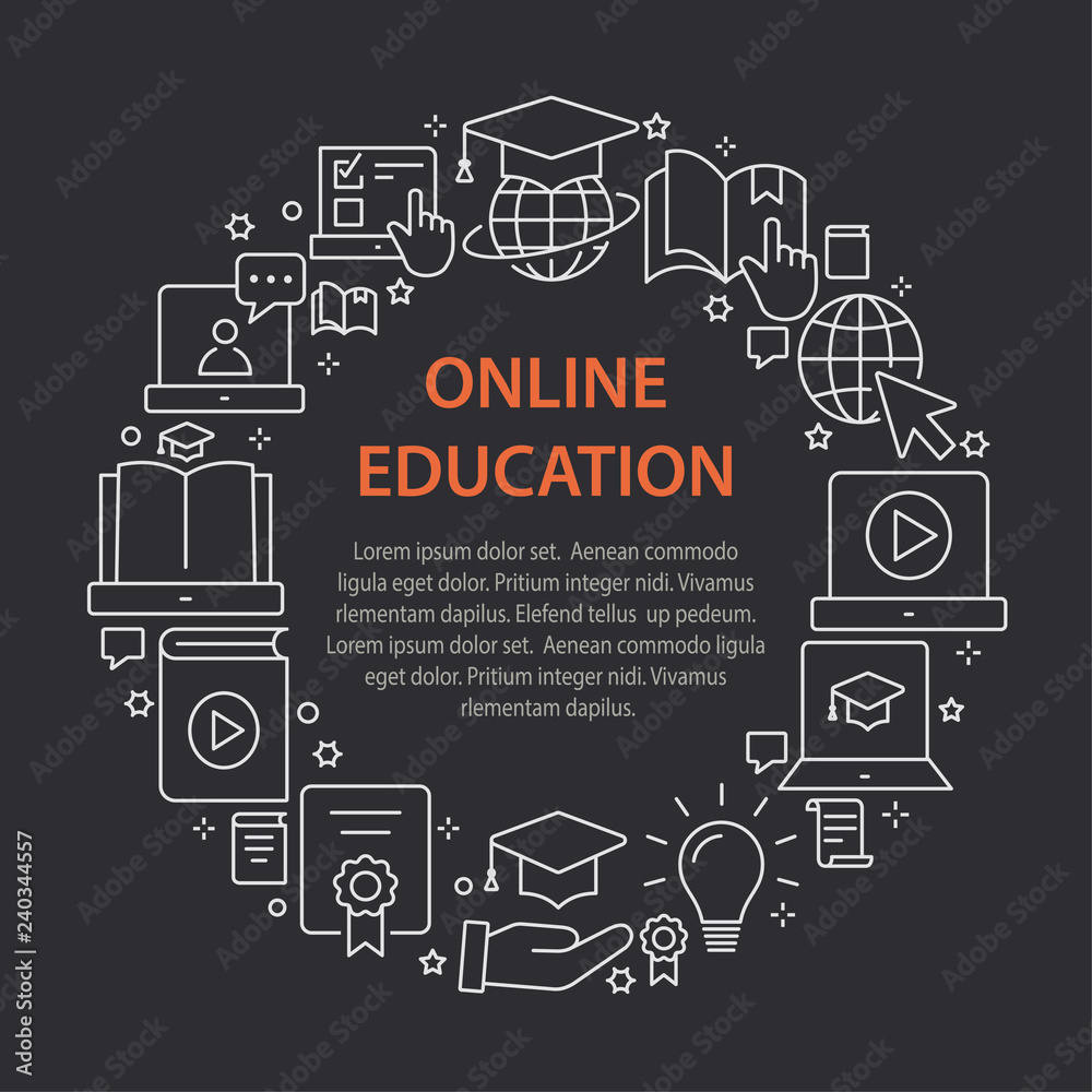E-learning distance education outline icons set for interface, print. E-learning distance education outline icons set for interface, print.