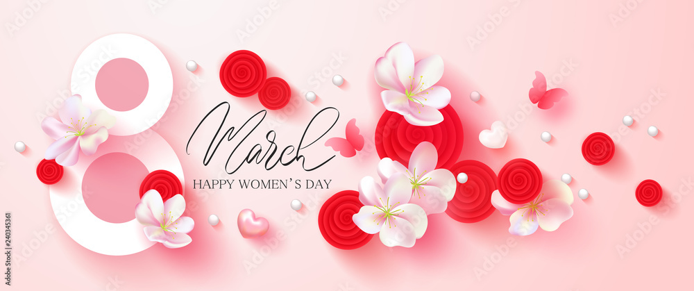 8 March Happy Womens Day banner. Beautiful Background with flowers, hearts,butterfly and gift boxes. Vector illustration for postcards,posters, coupons, promotional material.
