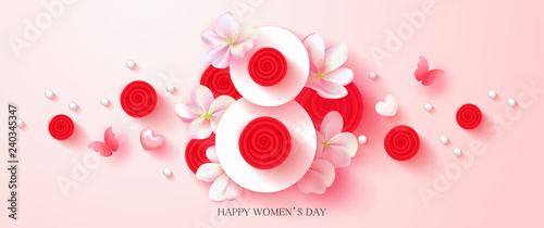 8 March Happy Womens Day banner. Beautiful Background with flowers, hearts,butterfly and gift boxes. Vector illustration for postcards,posters, coupons, promotional material.