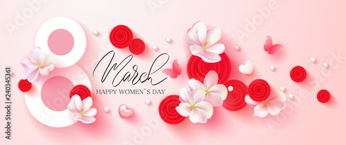 8 March Happy Womens Day banner. Beautiful Background with flowers  hearts butterfly and gift boxes. Vector illustration for postcards posters  coupons  promotional material.
