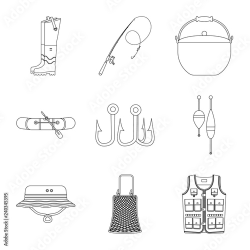 Vector illustration of fish and fishing logo. Collection of fish and equipment vector icon for stock.