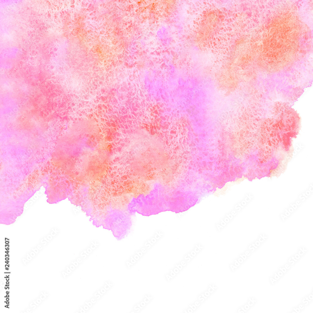 Watercolor stains background. Pink, rose and orange watercolour texture with uneven artistic edge. Abstract aquarelle fill. Template for cards, posters. Valentines day, Easter, 8 march backdrop.