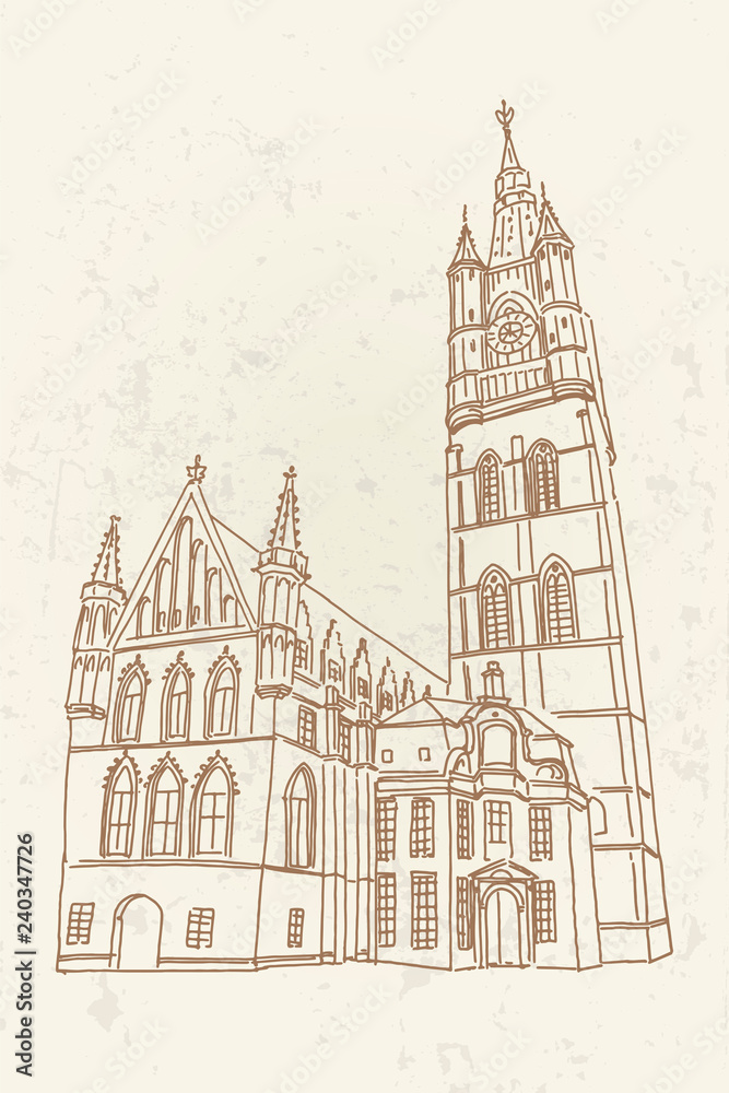 vector sketch of Belfry of Ghent, Belgium.