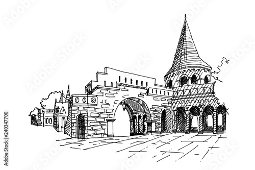 vector sketch of Fisherman Bastion, Budapest, Hungary.