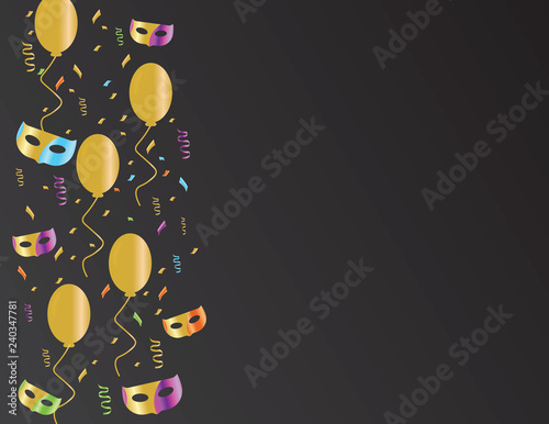 Colorful confetti and masks Golden balloons on Black background photo