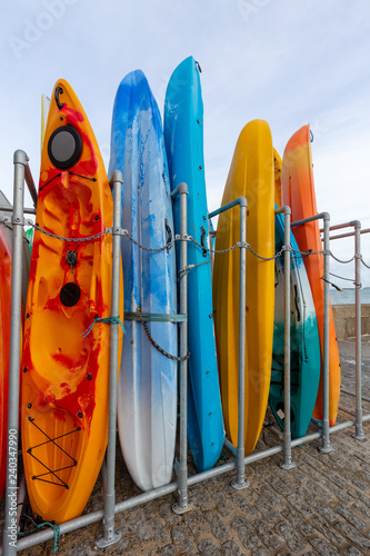 Colourful Sea Canoes in Rack, St Ives, on the north Cornwall coast, UK